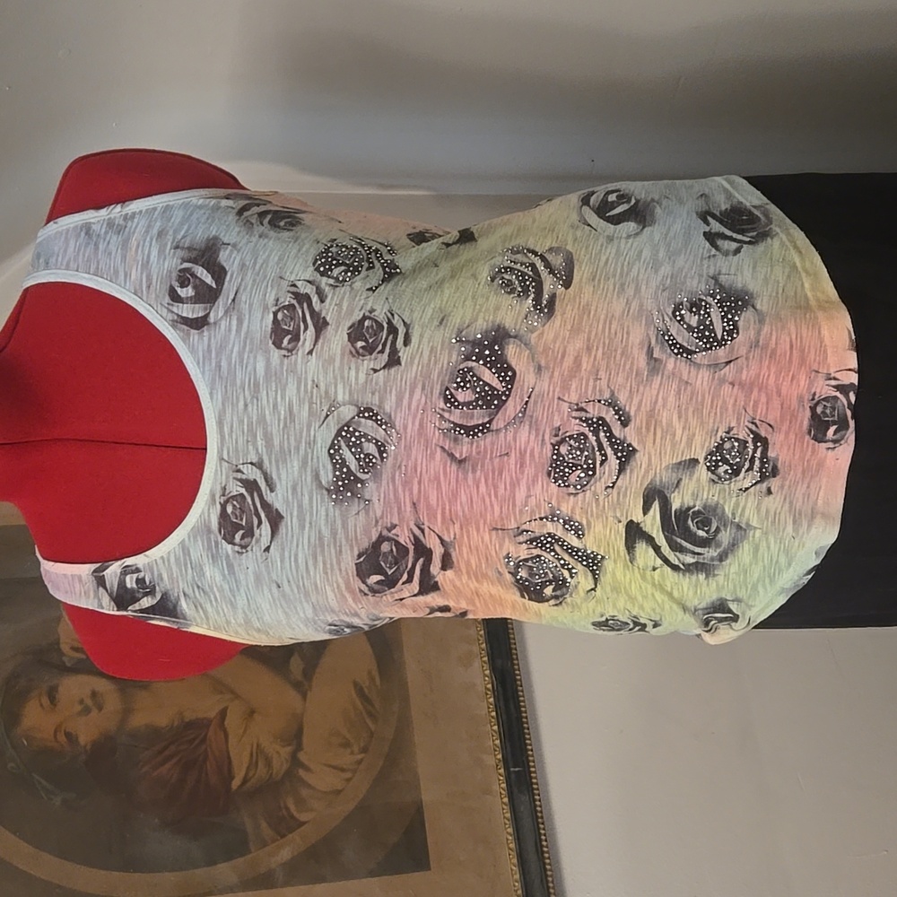 M Eclipse Rainbow Tank Top with Black Roses and Silver Embellishments